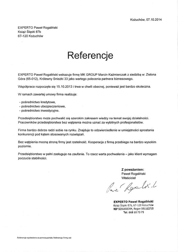 Referencja od firmy EXPERTO Paweł Rogaliński