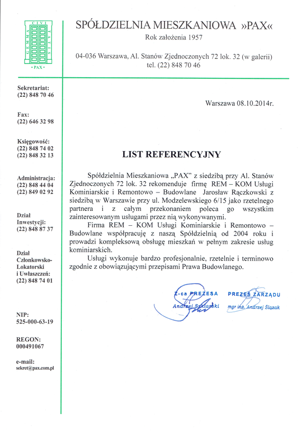 Referencja od firmy Spółdzielnia Mieszkaniowa PAX