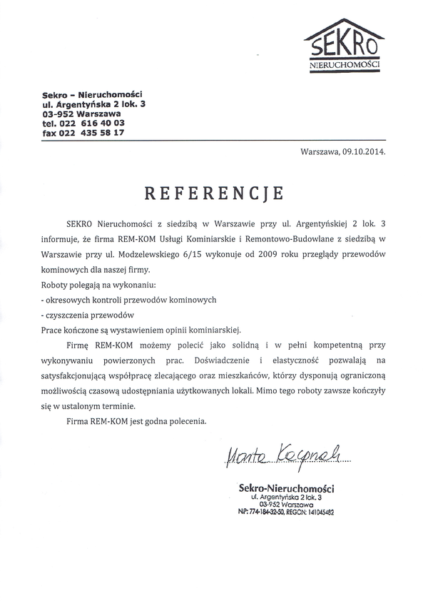 Referencja od firmy SEKRO