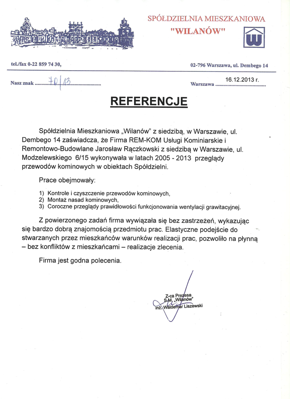 Referencja od firmy Spółdzielnia Mieszkaniowa WILANÓW