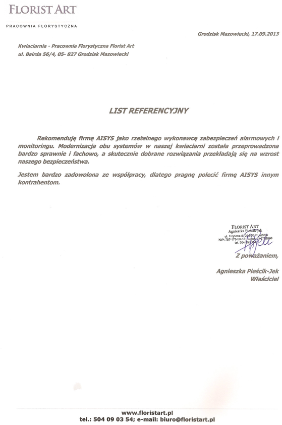 Referencja od firmy Florist Art