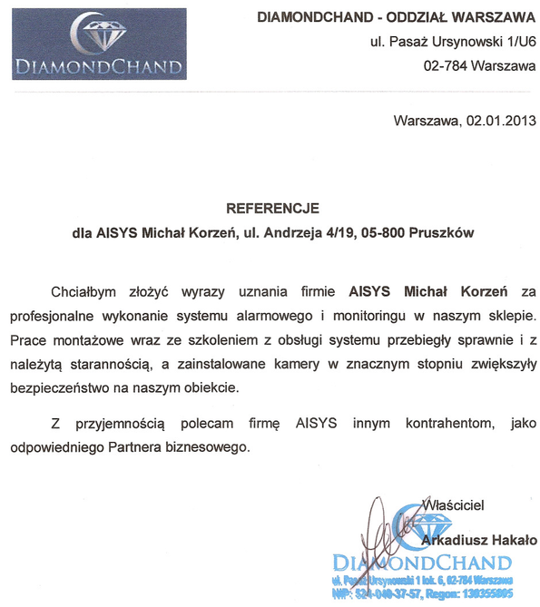 Referencja od firmy Diamondchand