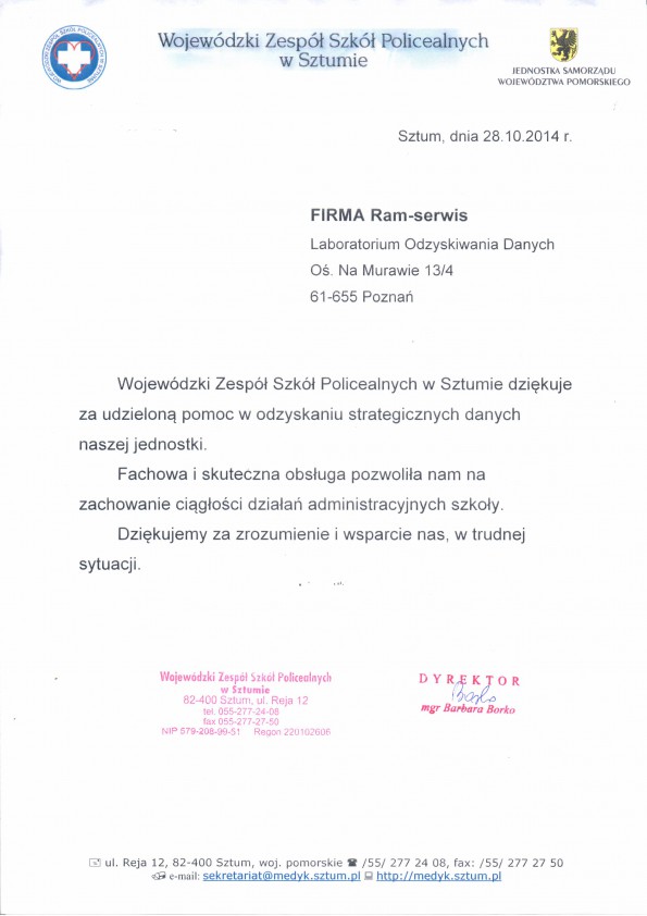 Referencja od firmy Wojewódzki Zespół Szkół Policealnych w Sztumie
