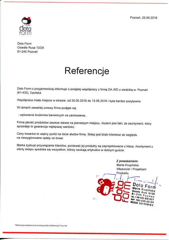 Referencja od firmy Doto Form