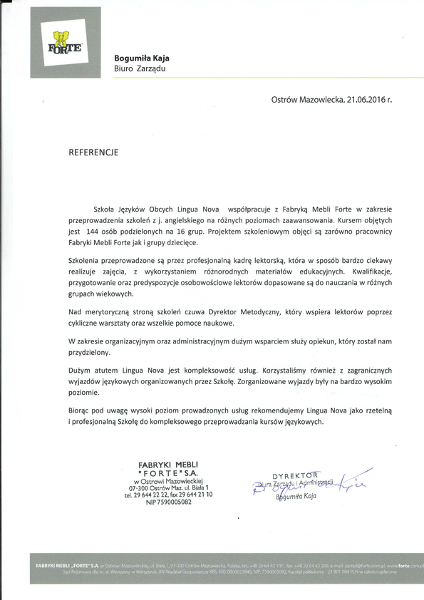Referencja od firmy FABRYKA MEBLI FORTE