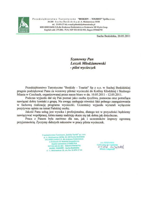 Referencja od firmy Biuro podróży Beskidy Tourist