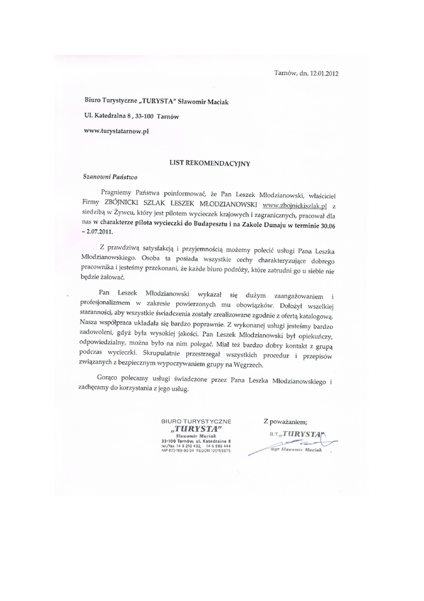 Referencja od firmy Biuro turystyczne TURYSTA Tarnów