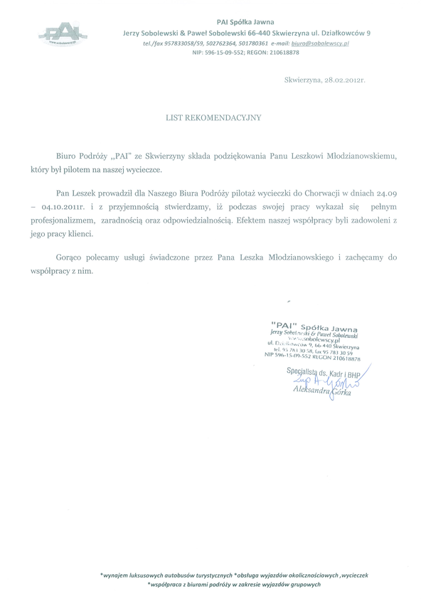 Referencja od firmy Biuro podróży PAI