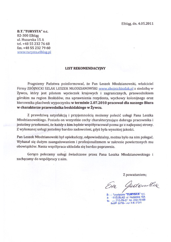 Referencja od firmy Biuro turystyczne Turysta Elbląg