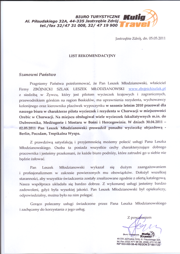 Referencja od firmy Biuro podróży Kulig Travel