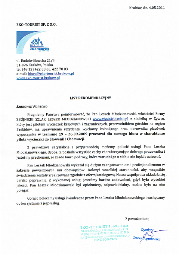 Referencja od firmy Biuro podróży Eko Tourist