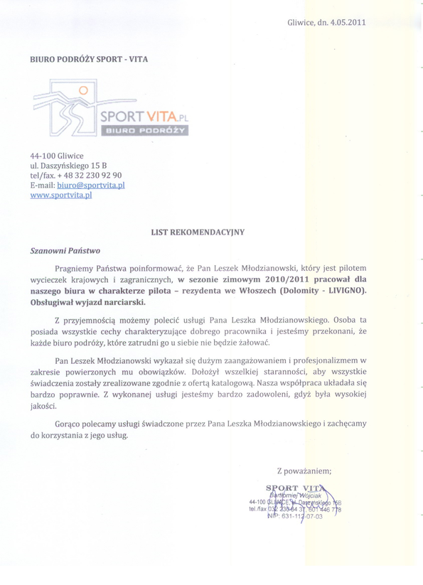 Referencja od firmy Biuro podróży Sport Vita