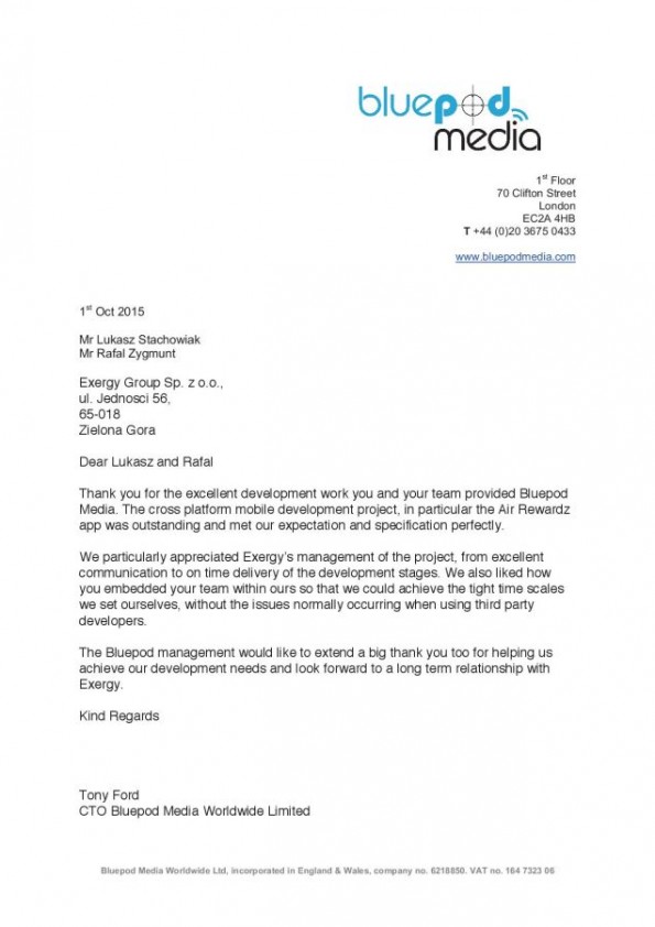 Referencja od firmy Bluepod Media Ltd