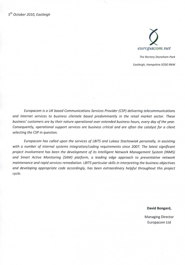 Referencja od firmy Europacom.net Ltd