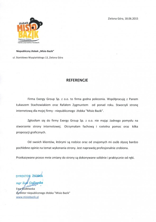 Referencja od firmy Niepubliczny żłobek "Misio Bazik" Ewa Godlewska