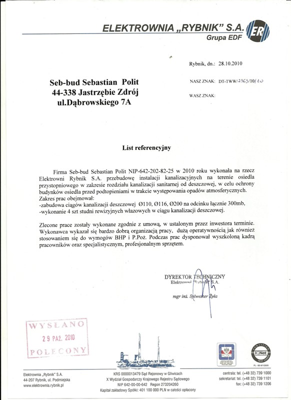 Referencja od firmy Elektrownia Rybnik