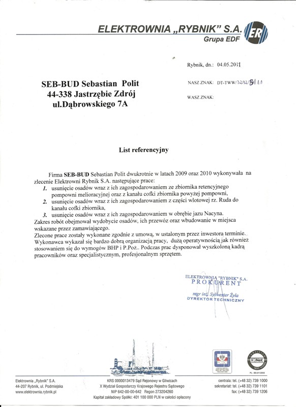 Referencja od firmy Elektrownia Rybnik