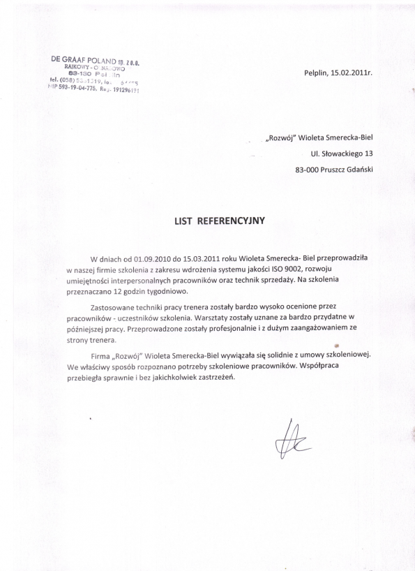 Referencja od firmy De Graaf Polska