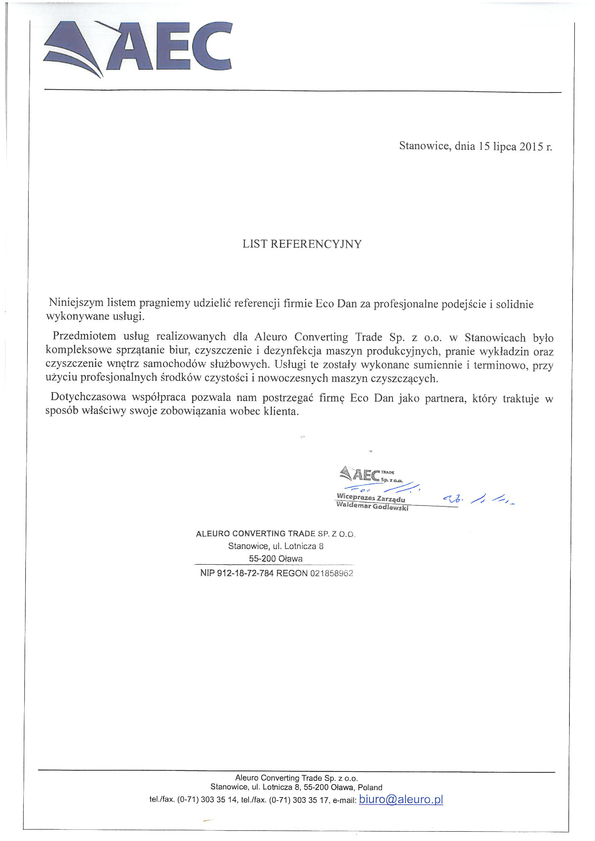 Referencja od firmy Aleuro Converting Trade Sp. z o.o.
