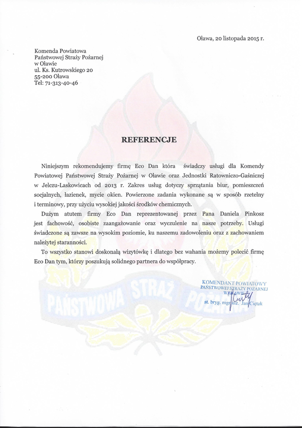Referencja od firmy Komenda Powiatowa Państwowej Straży Pożarnej w Oławie
