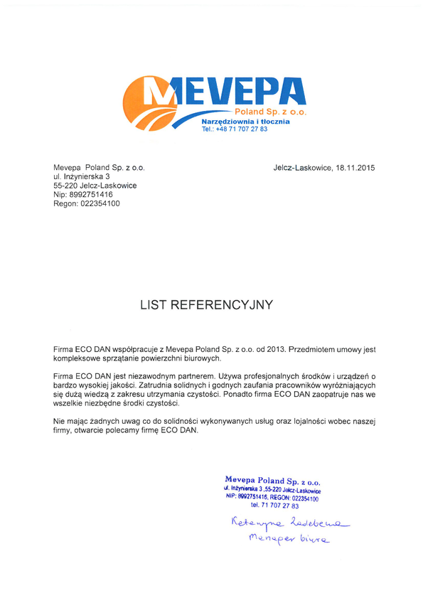 Referencja od firmy Mevepa Poland Sp z o.o.