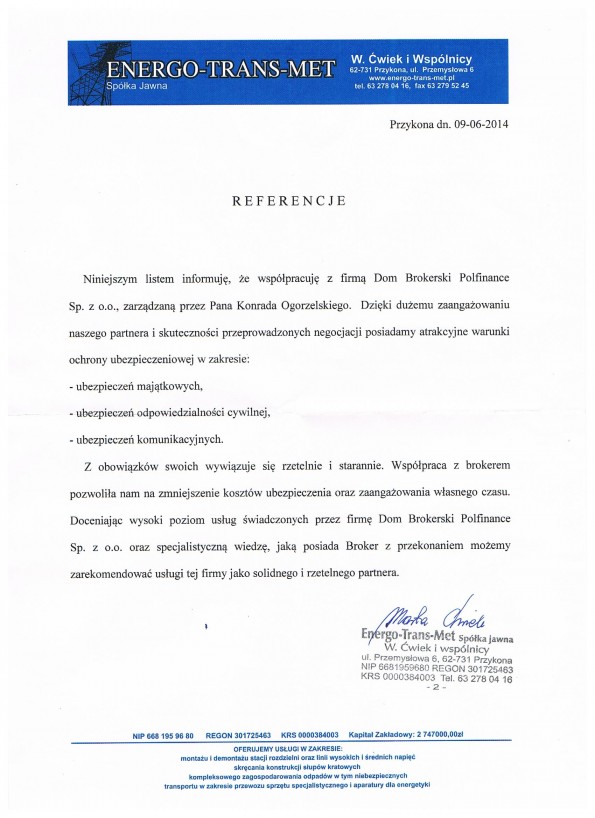 Referencja od firmy Energo Trans Met