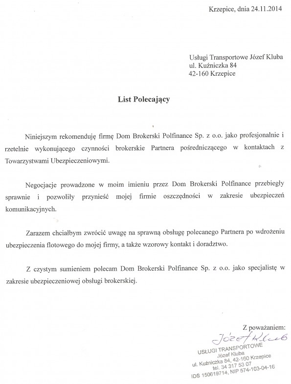 Referencja od firmy Usługi Transportowe Kluba