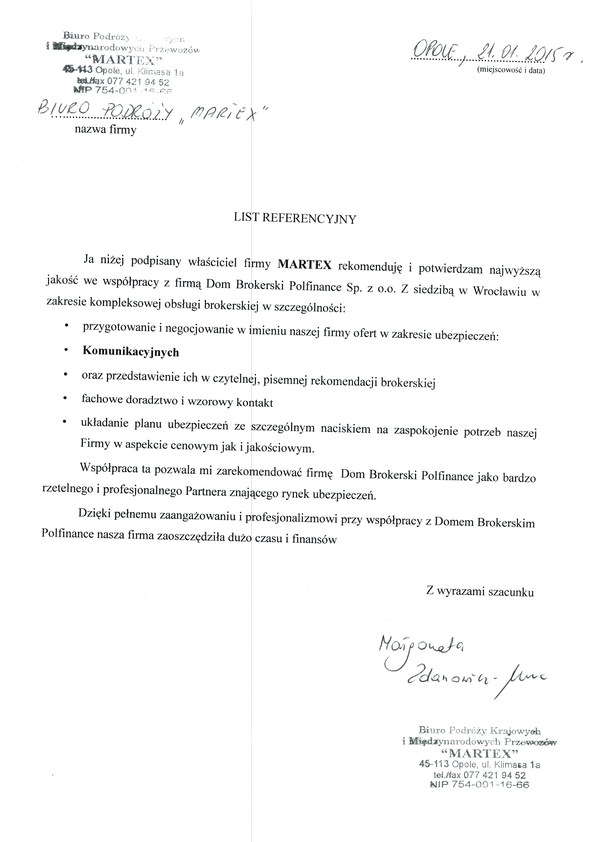 Referencja od firmy Biuro Podróży Krajowych i Zagranicznych