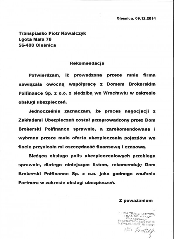 Referencja od firmy TRANSPIASKO Piotr Kowalczyk