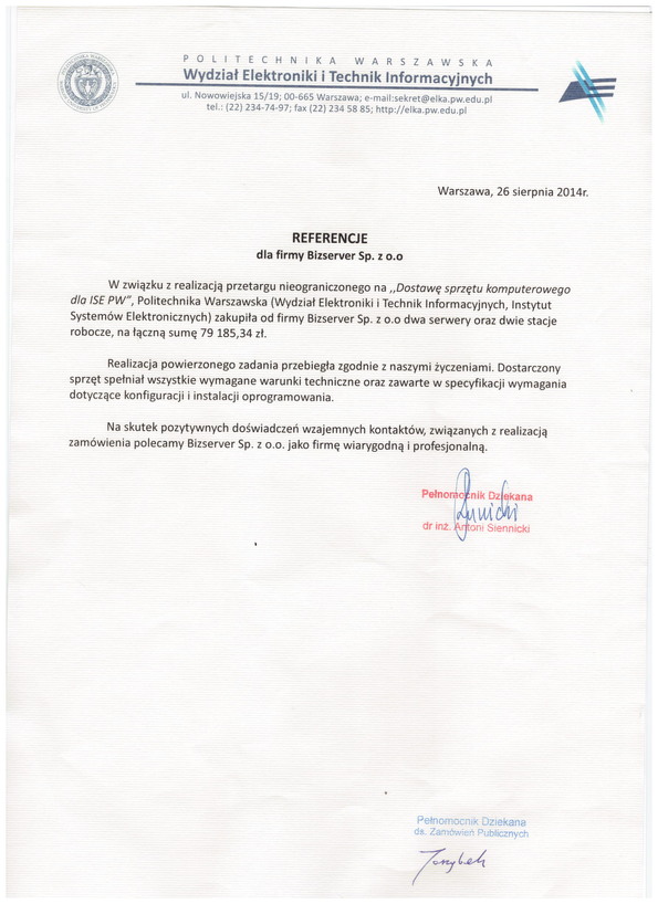 Referencja od firmy Politechnika Warszawska