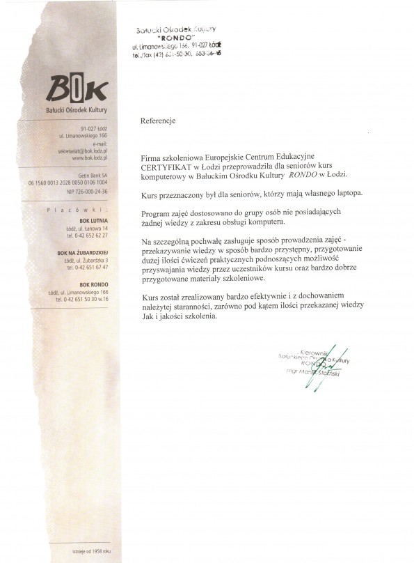 Referencja od firmy Bałucki Ośrodek Kultury