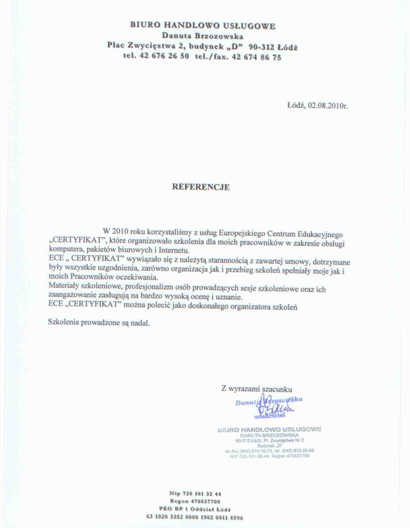 Referencja od firmy Biuro Handlowo Usługowe