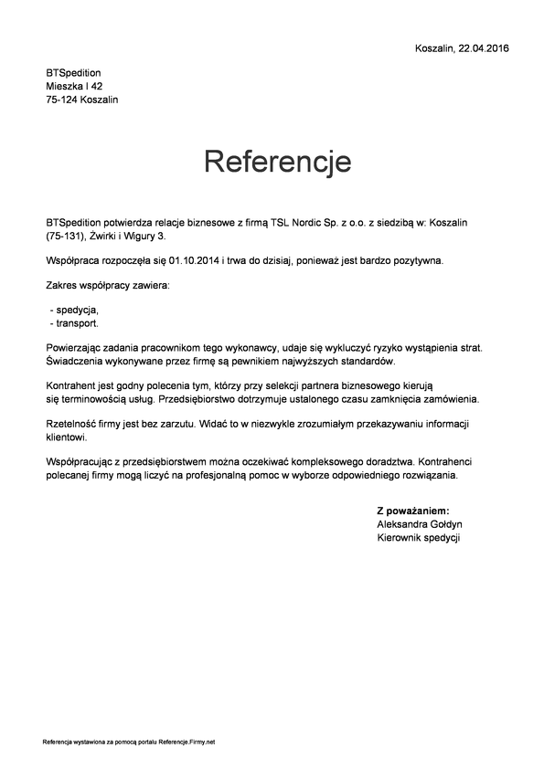 Referencja od firmy BTSpedition