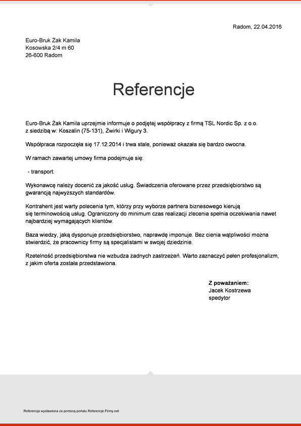 Referencja od firmy Euro-Bruk