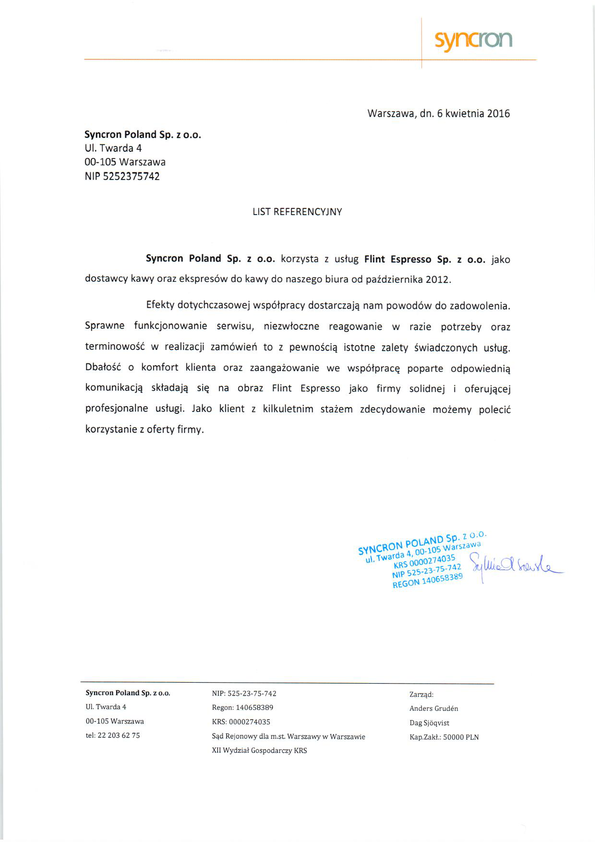 Referencja od firmy SYNCRON POLAND SP. Z O.O.