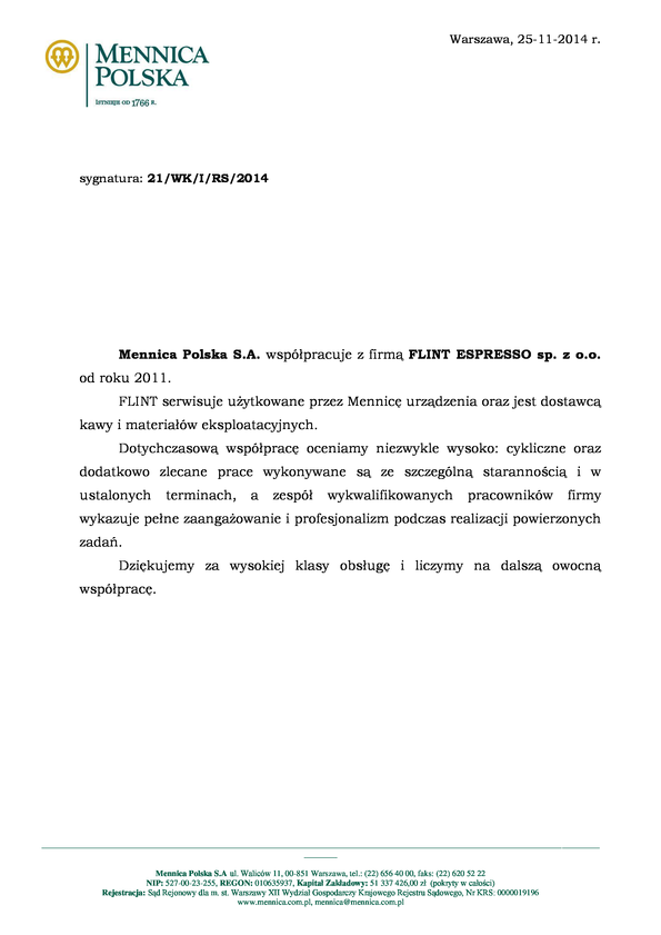 Referencja od firmy MENNICA POLSKA