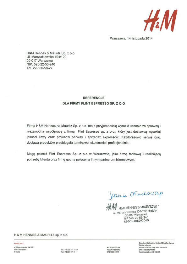Referencja od firmy H&M HENNES&MAURITZ SP. Z O.O.