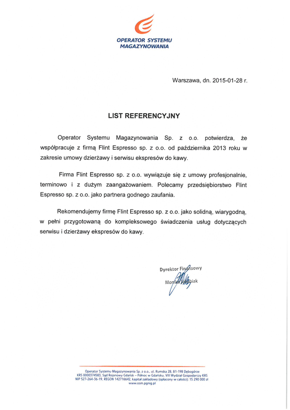 Referencja od firmy OPERATOR SYSTEMU MAGAZYNOWANIU