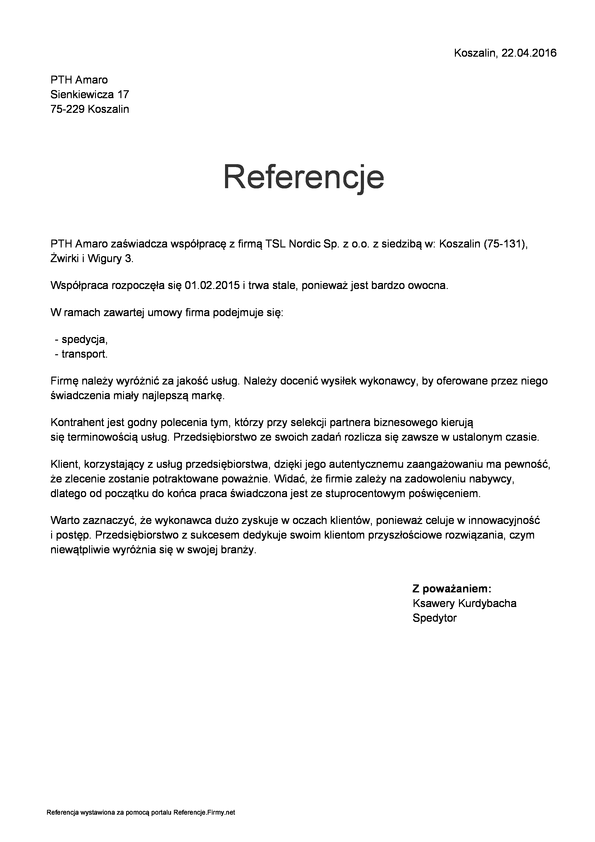 Referencja od firmy PTH Amaro