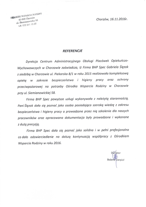 Referencja od firmy Ośrodek Wsparcia Rodziny