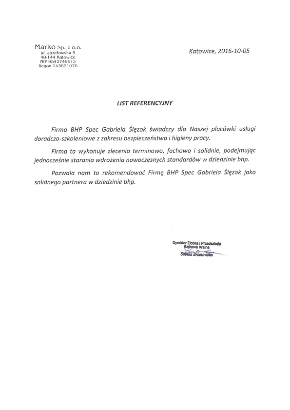 Referencja od firmy Marko Sp. z o.o.