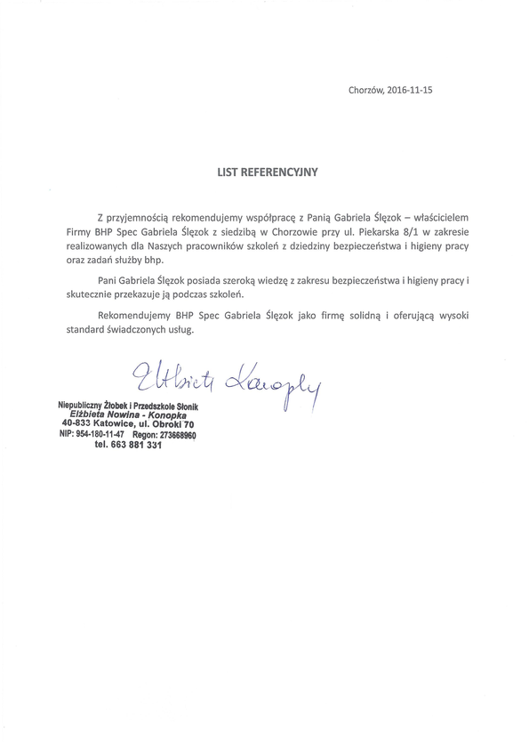 Referencja od firmy Niepubliczny Żłobek i Przedszkole Słonik