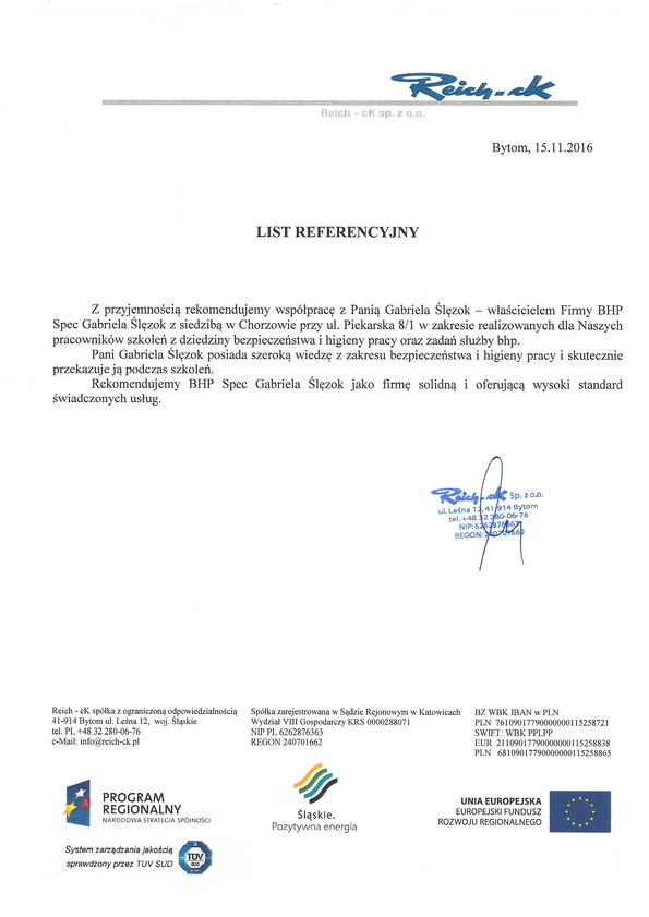 Referencja od firmy Reich cK Sp. z o.o.