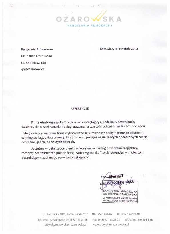Referencja od firmy Kancelaria Adwokacka Dr Joanna Ożarowska