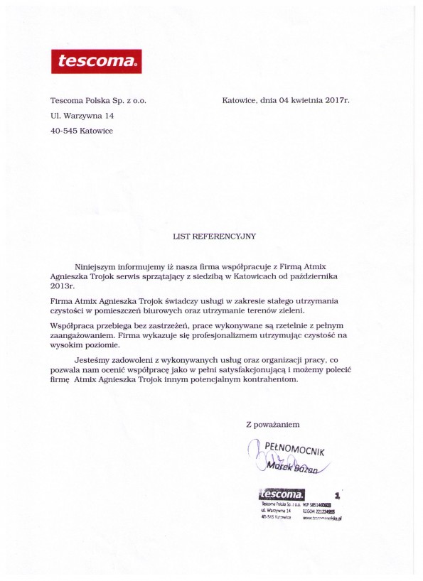Referencja od firmy Tescoma Polska Sp. z o.o.