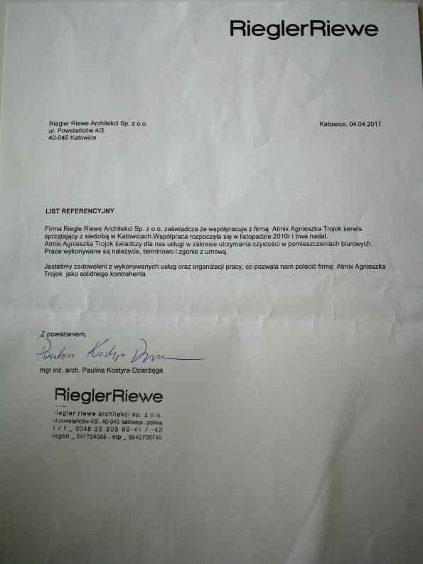 Referencja od firmy Riegler Riewe Architekci Sp. z o.o.