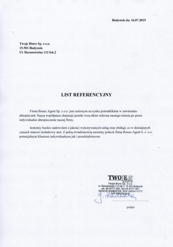Referencja od firmy Twoje Biuro Sp. z o.o.