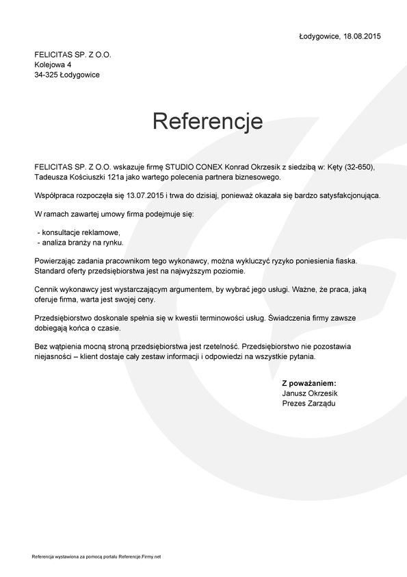 Referencja od firmy FELICITAS SP. Z O.O.