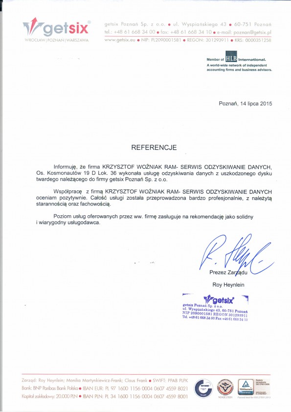 Referencja od firmy getsix poznań Sp z o.o.