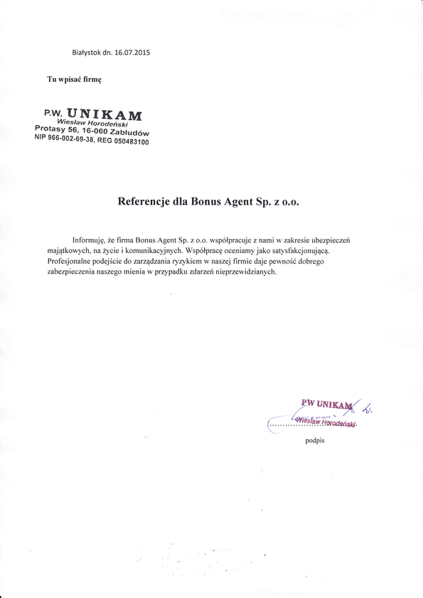 Referencja od firmy P.W. UNIKAM
